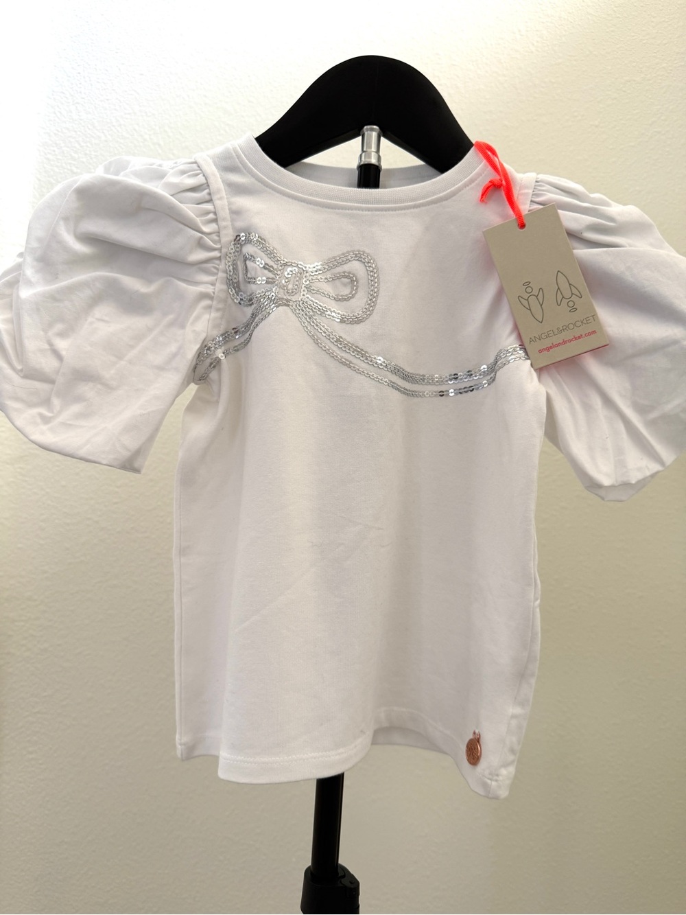 Angel & Rocket White Puff-Sleeve Tee with Silver Sequin Bow